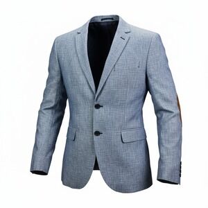 H&M Blazer Men 40R Blue Heathered 100% Linen Elbow Patches Textured Sport Coat